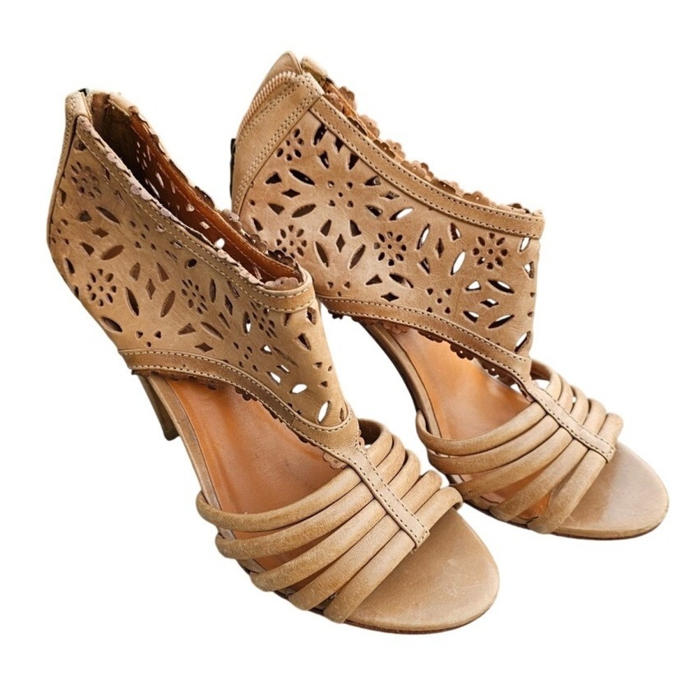Pour La Victoire Heeled Sandals Women 6 Tan Laser Cut Leather Boho Chic Anthro ~